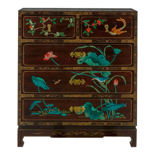 20th-C. Hand Painted Chinoiserie Chest W/ Birds / Fruit / Lotus Made in Macao For Sale