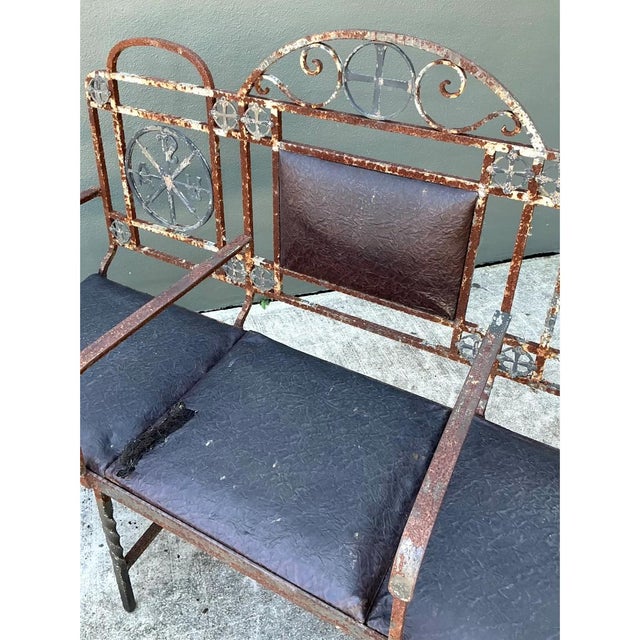 Vintage Distressed Metal and Upholstery Bench For Sale - Image 9 of 12