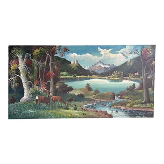 Vintage Oil Painting Mountian Landscape With Deer For Sale