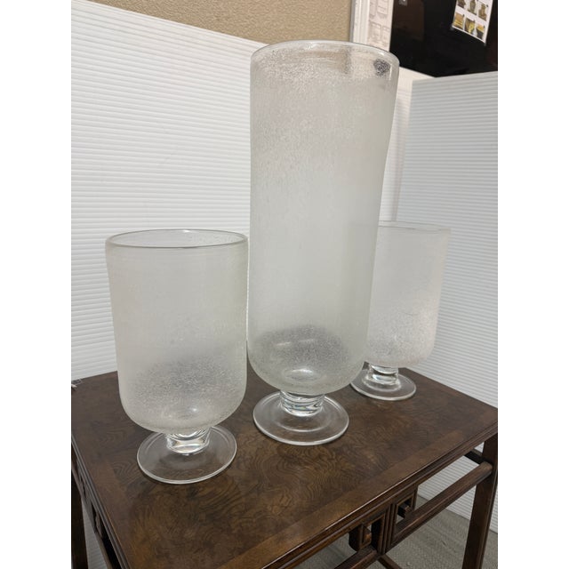 Glass Frosted Glass Cylindrical Hurricane Vases, Set of Three For Sale - Image 7 of 12