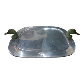 1970s Arthur Court Style Pewter Tray With Brass Duck Head Handles For Sale