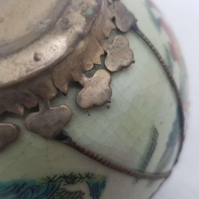 Vintage Chinese Traditional Celadon-Glazed Porcelain Bowl With Gilt Copper Dragon & Phoenix Mounts For Sale - Image 9 of 14