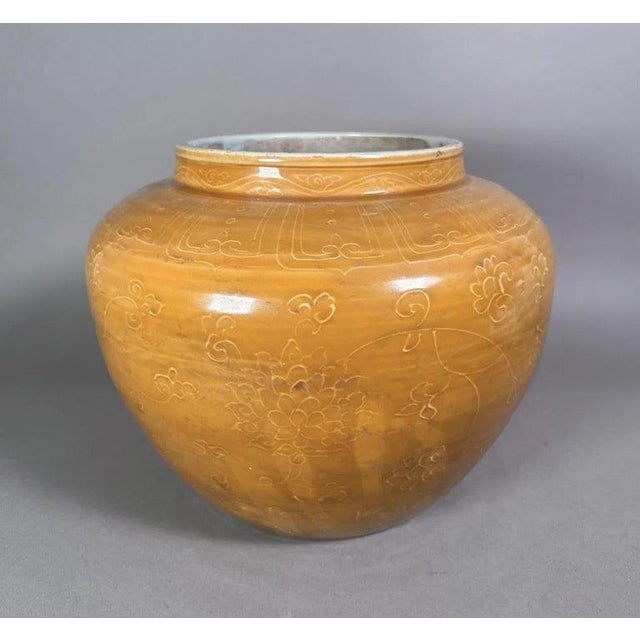 Chinese Late 20th Century Chinese Mustard Glazed Incised Slip Decoration Ceramic Vase Vessel For Sale - Image 3 of 7