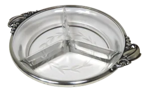 Vintage Mid Century Retro Arts & Crafts Sterling Silver & Hand Etched Cut Crystal Serving Dish