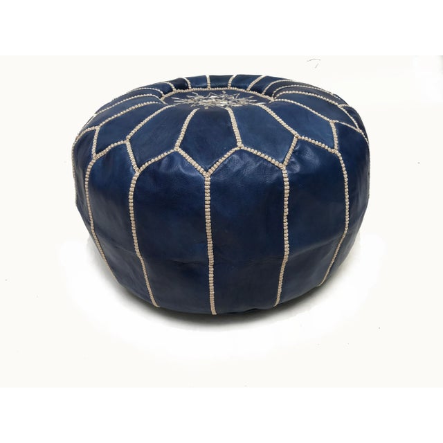 Moroccan Blue Leather Pouf Covers - a Pair For Sale - Image 6 of 9