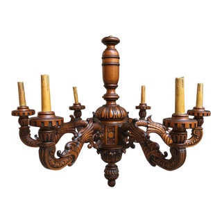 Large Antique Renaissance Revival French Carved Wood Chandelier Lighting Fixture For Sale