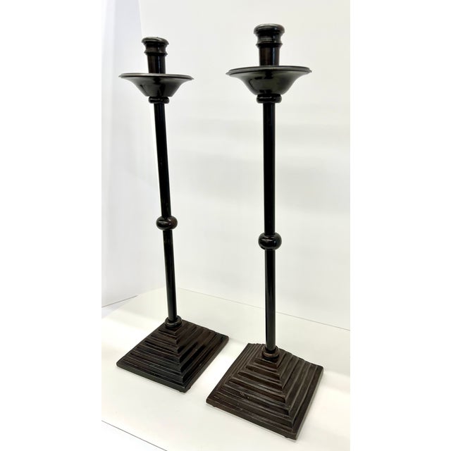 1980s Pair of Maitland Smith Sculptural Bronzed Iron Candlestick Holders For Sale In Detroit - Image 6 of 10