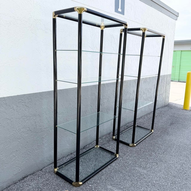 Art Deco Art Deco Black Lacquered Etagere With Gold Accents and Glass Shelves - A Pair For Sale - Image 3 of 12