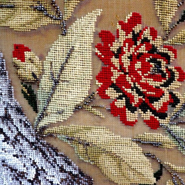 Late 19th Century Victorian Barley Twist Rosewood Bead Embroidered Peacock Fireplace Screen C1870 For Sale - Image 5 of 11
