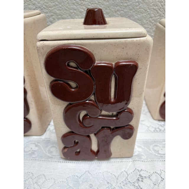 Off-white Vintage Handcrafted Pottery Groovy Ceramic Kitchen Canisters, Set of Four For Sale - Image 8 of 12