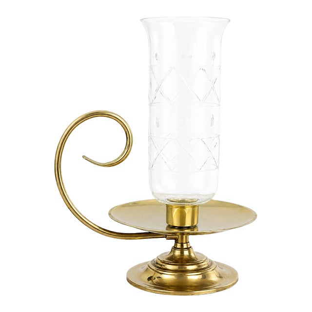Large Balwin Brass Candle Holder W/ Hurricane Glass For Sale