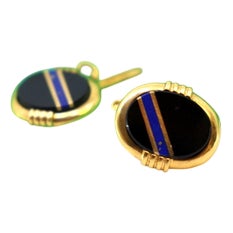 Gold Cufflinks with Blue Stripe Reliefs on Oval Onyx, Set of 2 For Sale