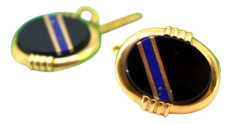 Gold Cufflinks with Blue Stripe Reliefs on Oval Onyx, Set of 2