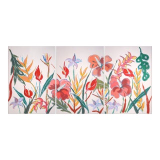 2026, Tropical Garden, Lush Flowers Large Triptych, Acrylic Paint on Watercolor Paper by Romina Milano For Sale