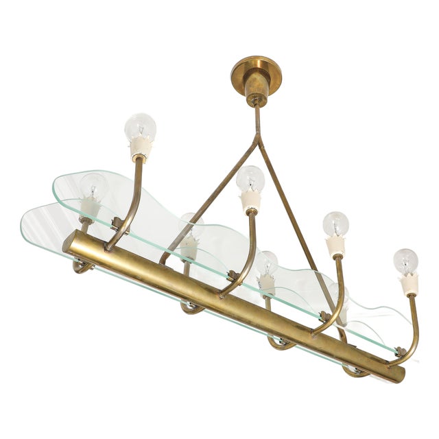 1930s Italian Art Deco Brass and Glass 8-Light Pendant For Sale