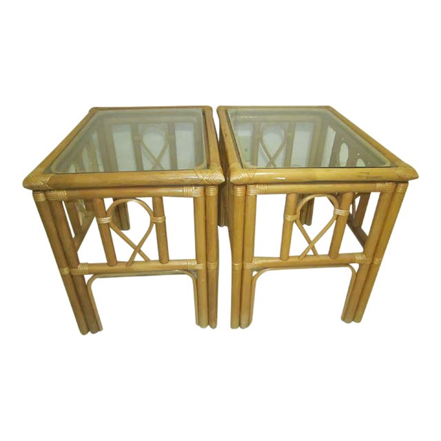 1990s Vintage Tiki Palm Beach Bamboo Rattan End Table Glass Top Honey Color Set of 2 For Sale