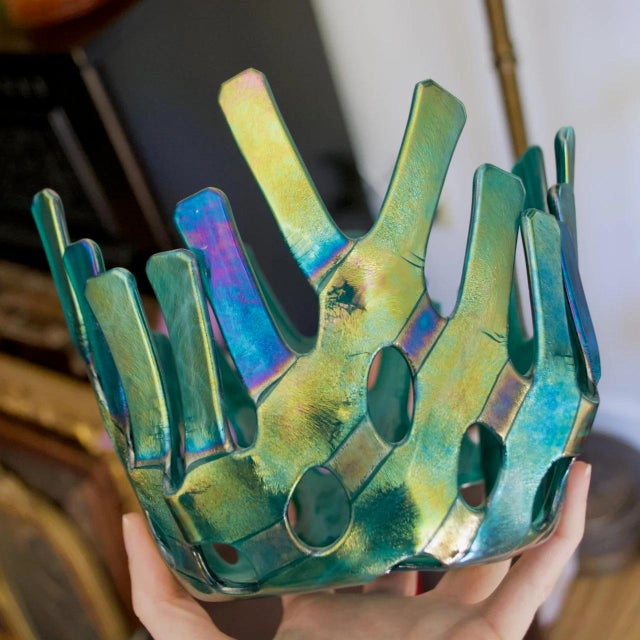 Iridescent Blue Green Fused Art Glass Coral Basket Bowl – Sculptural Studio Glass For Sale - Image 11 of 11
