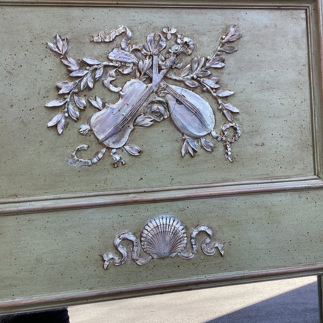 Mid 20th Century Large French-Style Celedon Painted & Carved Trumeau Mirror For Sale In Atlanta - Image 6 of 7