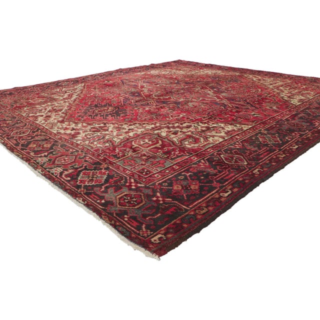 ​61124 Vintage Persian Heriz Rug, 07'07 x 08'08. Warm and inviting with a classic style, this hand-knotted wool vintage...