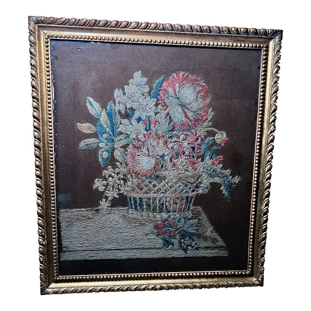 Pair of Framed French Embrodery Floral Tapestries For Sale