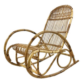 Late 1950s Franco Albini Coastal Italian Boho Chic Bamboo Rocking Chair, Mid-Century. For Sale