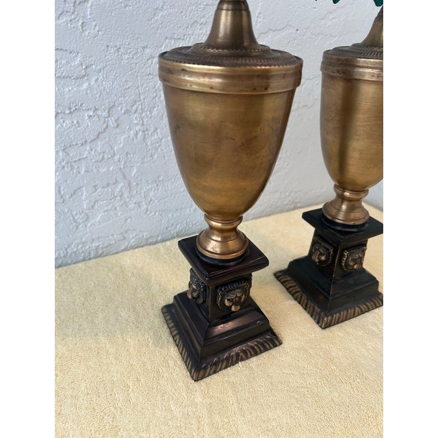 Pair of Vintage Brass Urn Style Candle Holders Palm Tree Style For Sale - Image 4 of 8