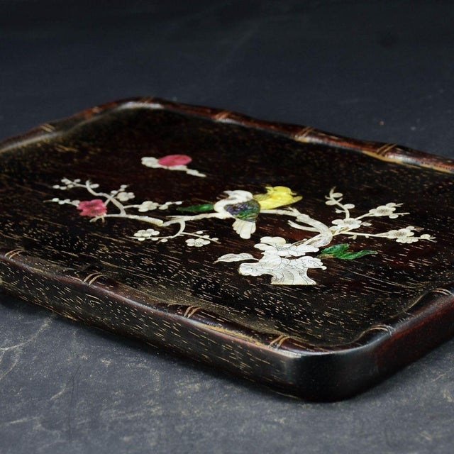 Chinese Vintage Zitan Wood Tray With Mother-of-Pearl "Magpie on Plum" Inlay For Sale - Image 3 of 9