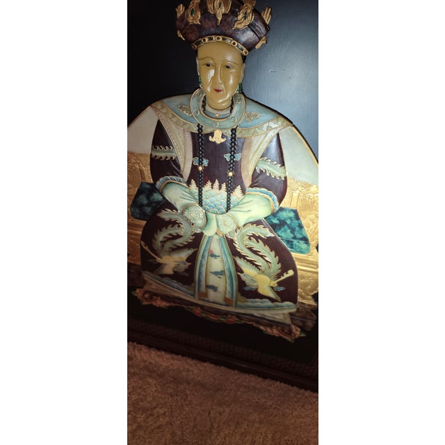 20th C. Emperor and Empress Plaque Large - Mid-Century Chinoiserie Black Lacquer & High-Relief Soapstone Wall Panels. For Sale - Image 9 of 18