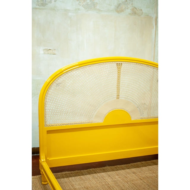 Yellow Lacquered Wooden Bed with Vienna Straw, 1980s For Sale - Image 3 of 8