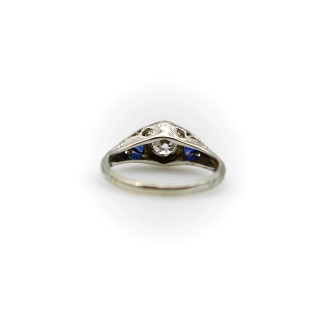 Art Deco 14k White Gold Diamond and Sapphire Ring, Size 4.5 For Sale In Los Angeles - Image 6 of 10