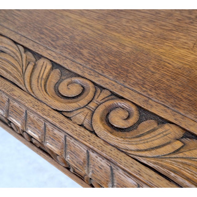 Heavily Fine Carved Oak Small Partners Desk Console Writing Table Mint For Sale - Image 12 of 18
