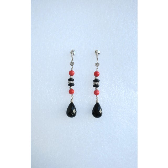 Metal Italian Diamond Coral and Black Onyx Dangle Earrings, Pair For Sale - Image 7 of 10