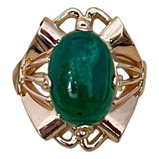 7 Carat Elongated Oval Emerald Cabochon 14 Karat Rose Gold Cocktail Ring Vintage For Sale