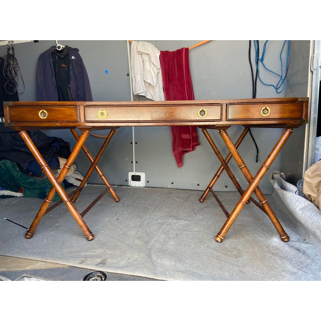 Drexel Heritage Vintage Campaign Distressed Leather Top Bamboo Executive Desk by Drexel Heritage For Sale - Image 4 of 18