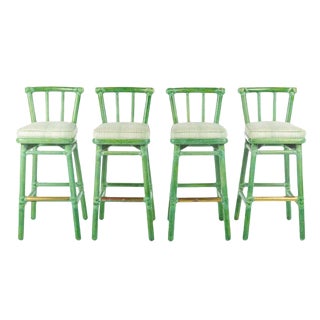 1990s Asian McGuire Bamboo and Rattan Green Stained Bar Stools - Set of 4 For Sale