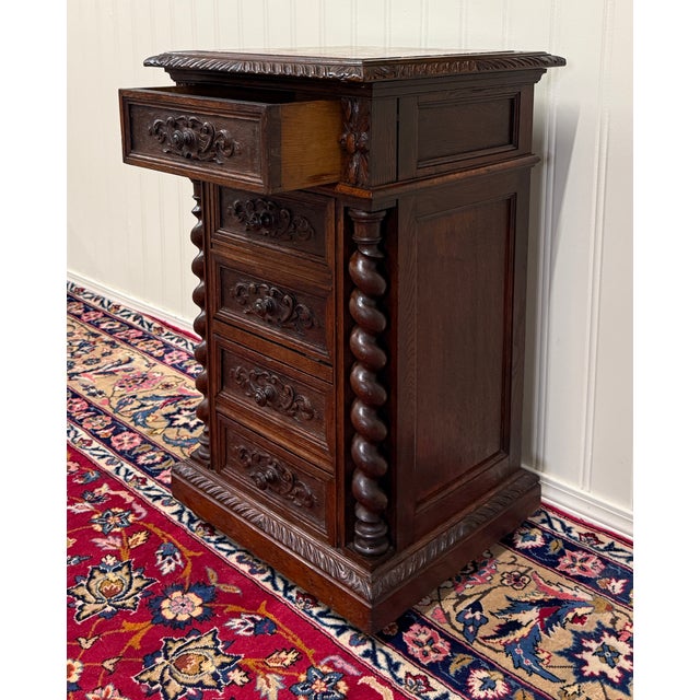 Antique French Marble Top Chest Side or End Table Nightstand Barley Twist Oak For Sale - Image 10 of 18