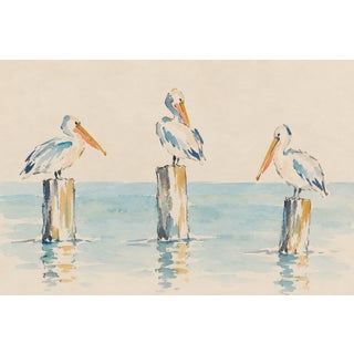 Coastal Pelican Art Print – Three Pelicans on Harbor Posts, 12" X 8" For Sale