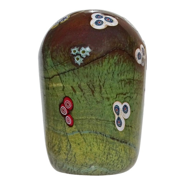 Murano Opal Chalcedony Millefiori Flower Murrines Vintage Italian Art Glass Paperweight With Labels For Sale