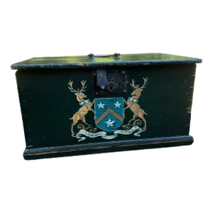 Early 19th Century Antique Wooden Painted Black Box With Deer Crest