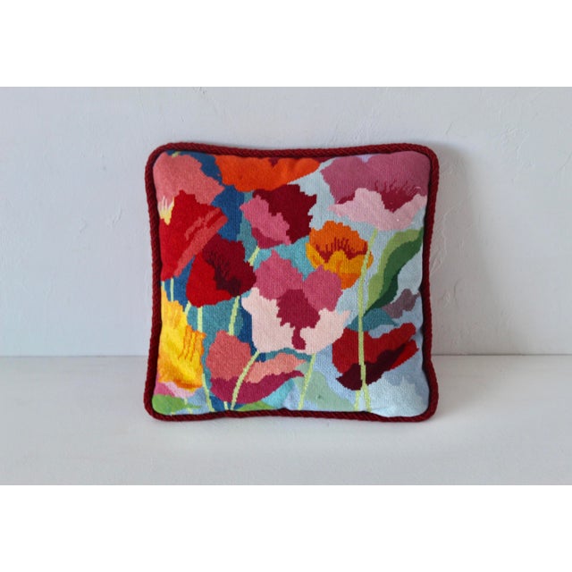 Alice Peterson Style Poppies Needlepoint Tapestry Vibrant Square Pillow Vintage For Sale - Image 4 of 14