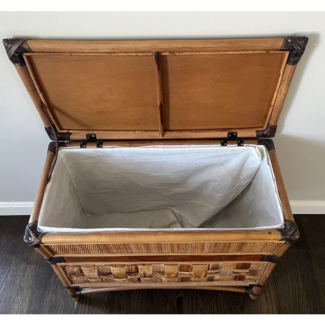 Boho Chic 1990s Burnt Bamboo Trunk Chest Rattan, Teak Wood Jacques Adnet Style For Sale - Image 3 of 6