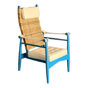 Mid 20th Century Blue With White Leather and Rattan Lounge Chair