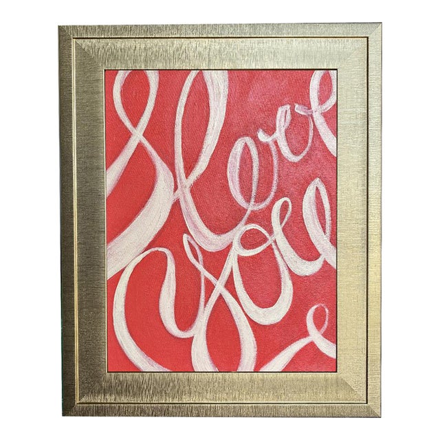 I Love You Calligraphy Painting – Original Romantic Red Wall Art – Hand Painted Love Script Art – Framed Canvas Artwork by Tatiana Duperault For Sale