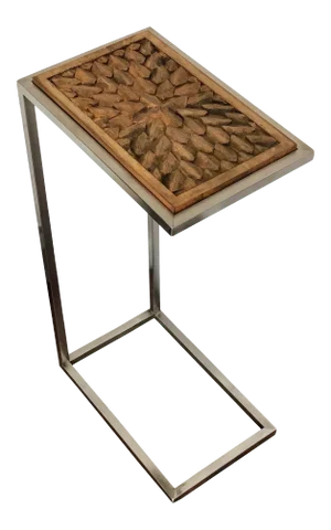 Contemporary Hand Carved Wood With Stainless Steal Side Table