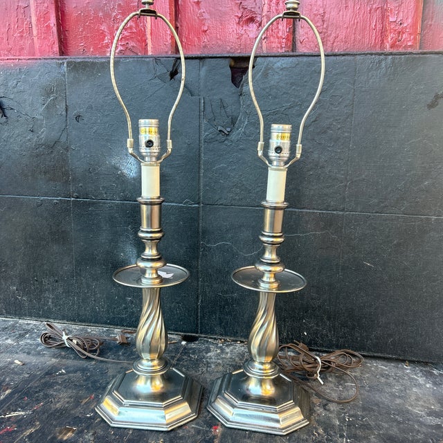 Vintage Stiffel Pewter Barley Twist Candlestick Lamps With Shades - A Pair - Newly Rewired For Sale - Image 12 of 12