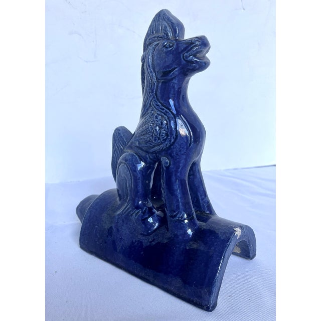 Blue • Vintage Chinese Cobalt Blue Glazed Figural Architectural Roof Tile Guardian Beast - 8" For Sale - Image 8 of 10