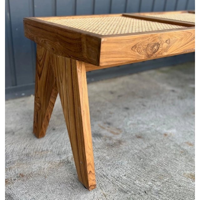 Modern Modern Solid Teak Double Caned Bench For Sale - Image 3 of 3