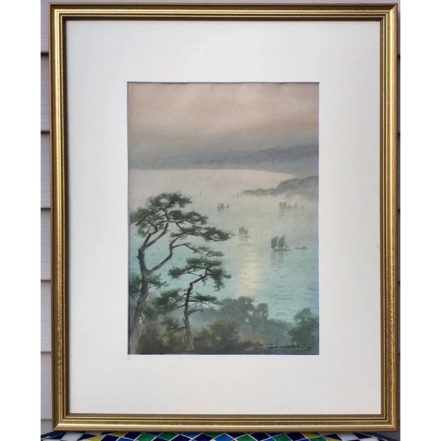 Paint Original Vintage Japanese Watercolor Marine View Sail Boats by Fukutaro Terauchi For Sale - Image 7 of 7
