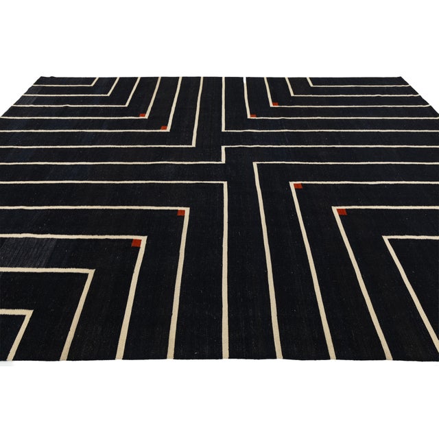 Modern Geometric Kilim Wool Rug With Architectural Line Art & Crimson Accents For Sale - Image 11 of 12