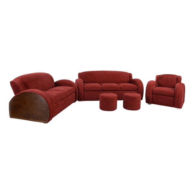 Art Deco French Living Room Set Red Chenille For Sale